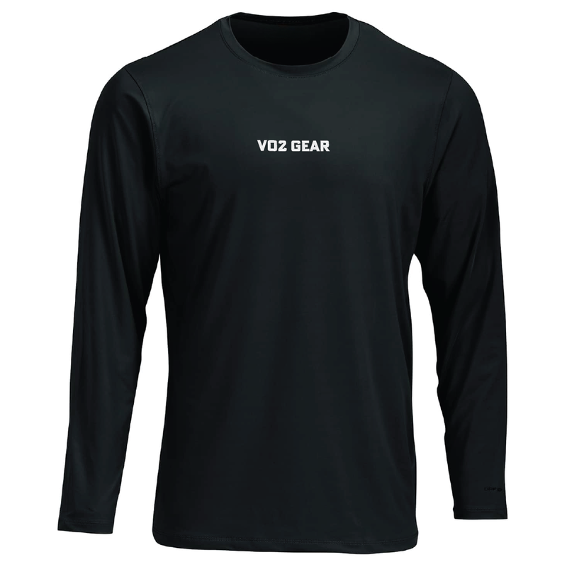 Black long-sleeve shirt with 'VO2 GEAR' logo on a white background
