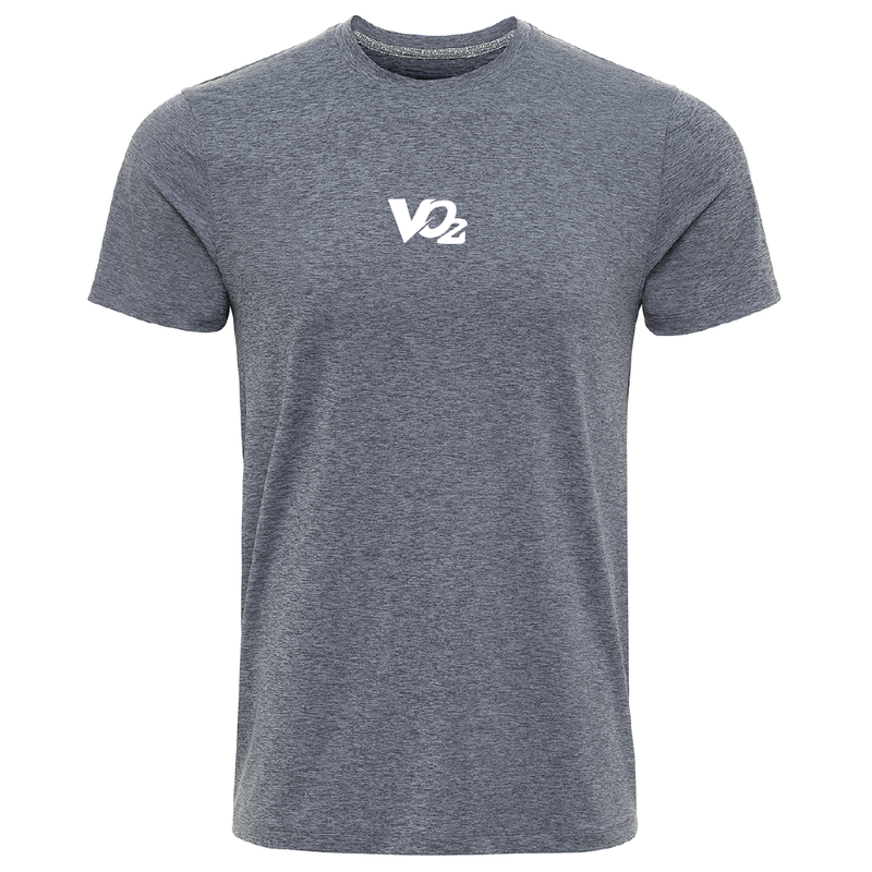 Gray t-shirt with a white logo on a white background