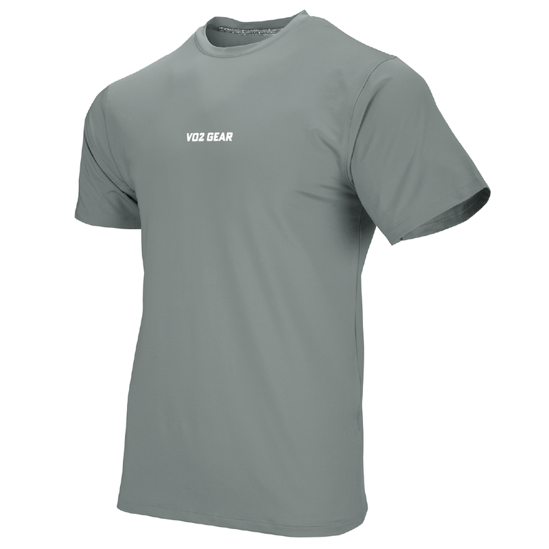 Gray t-shirt with a logo on the chest against a white background