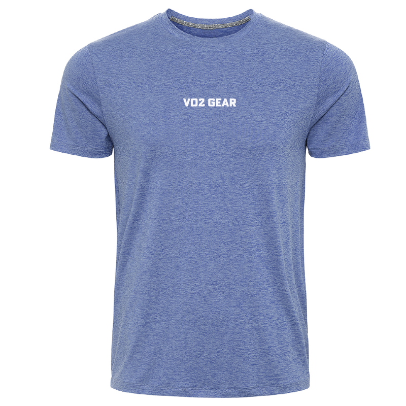 Blue t-shirt with 'VO2 Gear' logo on a white background