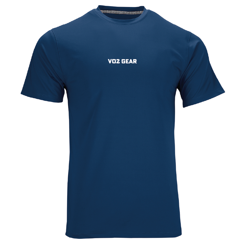 Blue t-shirt with 'VO2 GEAR' logo on a white background