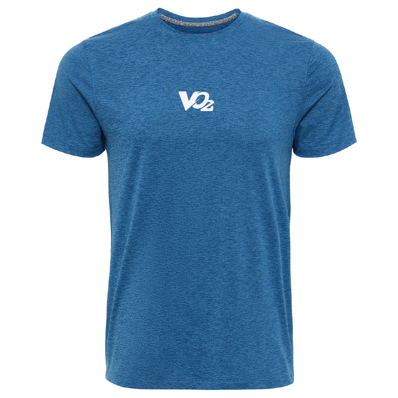 Blue t-shirt with a logo on the chest against a white background