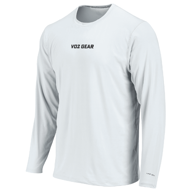 White long-sleeve shirt with 'VO2 Gear' logo on a white background