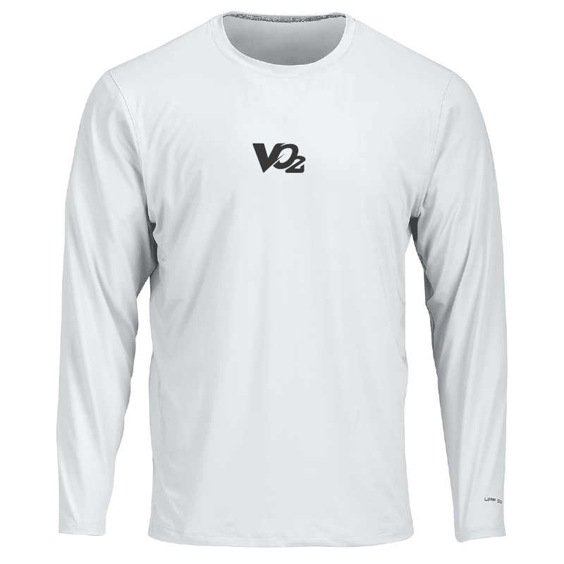 White long-sleeve shirt with VO2 logo on a white background