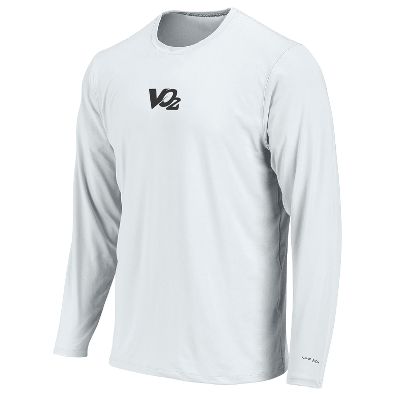 White long-sleeve shirt with a black logo on a white background