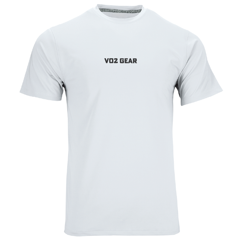 White t-shirt with 'VO2 GEAR' logo on a white background