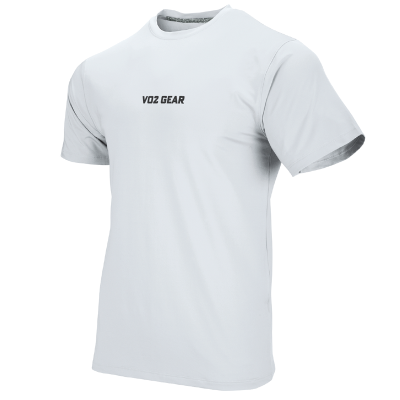 White t-shirt with 'VO2 GEAR' logo on a white background