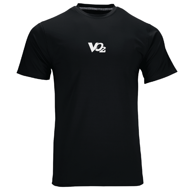 Black t-shirt with a white logo on a white background