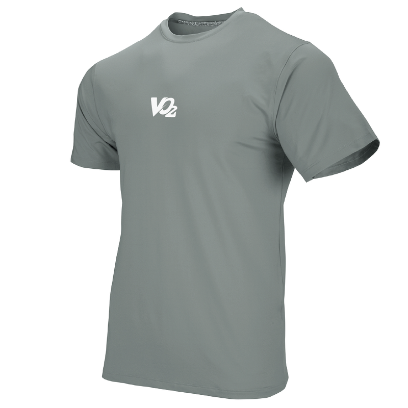 Gray t-shirt with a logo on the chest against a white background