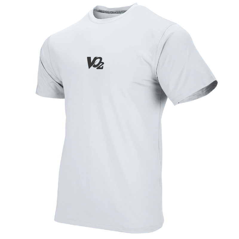 White t-shirt with a black logo on a white background
